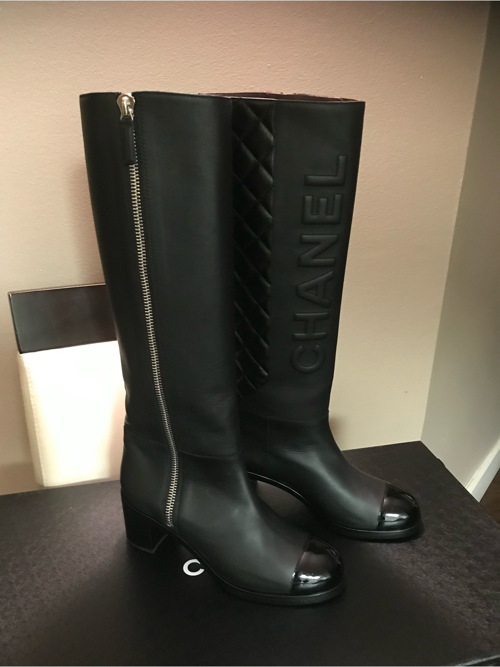 CHANEL Black Quilted Logo Over-the-Knee Boots with Gloss Cap Toe - Picture 2 of 6